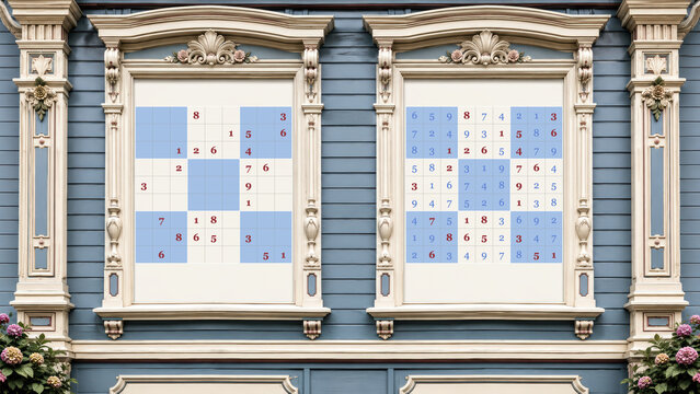 American Victorian style ornate cottage windows with sudoku puzzles on blue timber siding