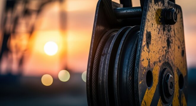 Close-up of a large industrial crane winch spool with coiled steel cable against a sunset bokeh background