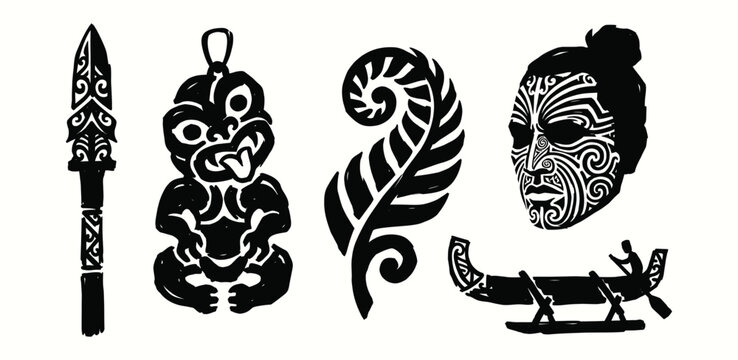 Maori New Zealand Traditional Cultural Symbols and Tribal Icons Set for Authentic Branding