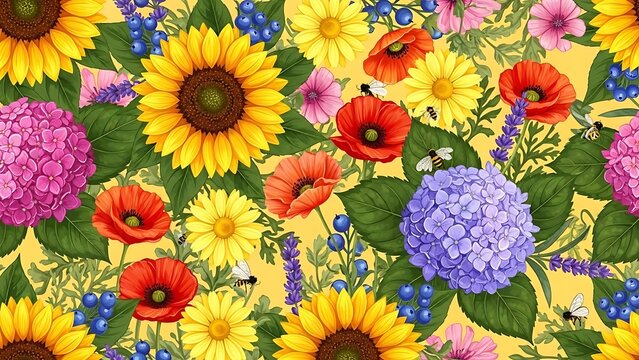 Vibrant floral pattern with sunflowers poppies and hydrangeas on yellow background