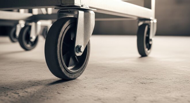 Close-up view of an industrial metal caster wheel with rubber tire on a concrete floor, showcasing sturdy support.