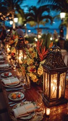 Obraz premium Elegant tropical dinner table set with lanterns and flowers at dusk