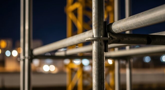Detailed view of industrial scaffolding framework against a blurry nighttime cityscape and yellow construction crane