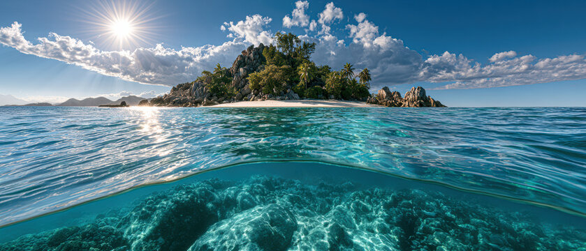 A stunning split view of a tropical island with rocky peaks, clear blue ocean water, and underwater coral reefs under a bright sun and partly cloudy sky.