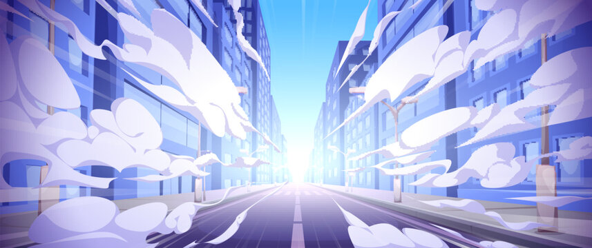 Dynamic speed motion blue background, city street with building, road with line and run effect with clouds. Cartoon vector illustration with energetic racing perspective, marathon power trail