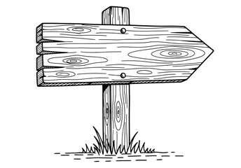 Drawn directional wooden signpost with arrow pointing right, weathered planks on pole, green grass at base, rustic outdoor indication. © Yesyx