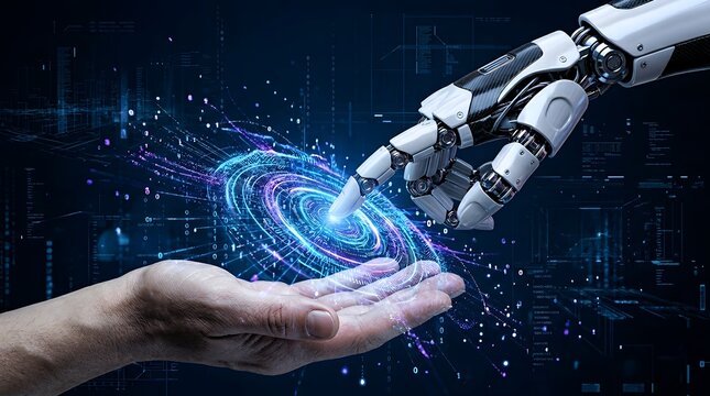 Human hand and robotic arm interacting with a glowing futuristic digital data visualization.