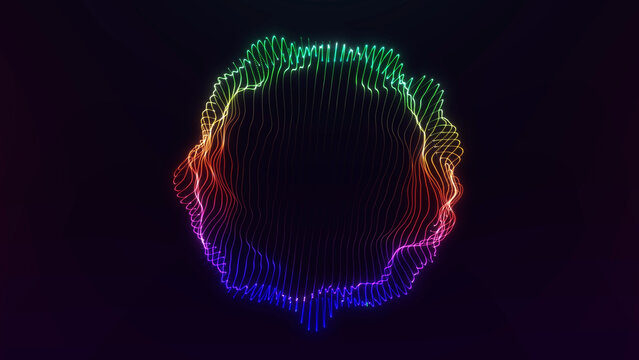 Multicolor audio wave orb illustration with glowing spectrum lines, music visualizer energy, digital sound design, neon rhythm on dark background art.
