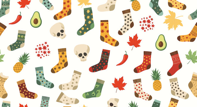 Cozy seamless pattern featuring a variety of colorful patterned socks mixed with autumn leaves and skull motifs.