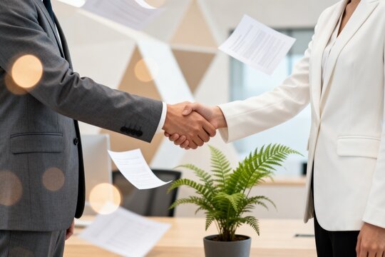 Business handshake in modern office with documents flying