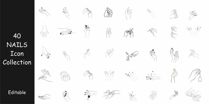 Nail Art Studio Elements &ndash; Vector Set of Hand Manicure Outlines, Minimalist False Fingernail Extensions, Acrylic Gel Salon Care Icons, and Beauty Cosmetic Banner Graphics