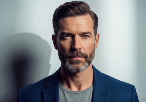 Professional man with short hair and beard wearing a blue suit jacket and gray shirt looking serious