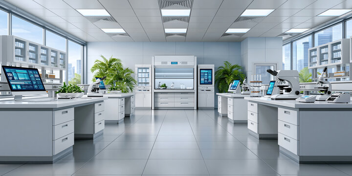Modern lab research facility with microscopes computers and clean workbench environment
