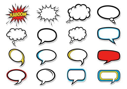 Comic Book Speech Bubbles and Thought Clouds Set with Pop Art Explosion Frame