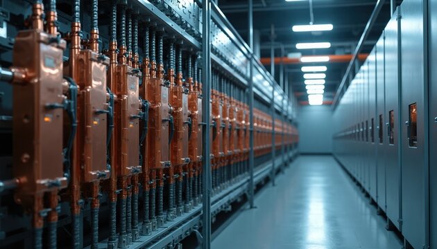 Industrial electrical room with copper busbars and power distribution units. Rows of high voltage equipment in a factory setting. Energy infrastructure for power supply.