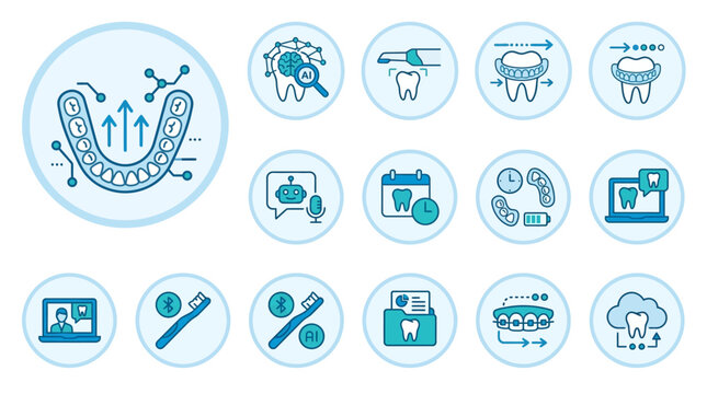 AI Assisted Orthodontic Care Icon Pack Featuring Smart Toothbrush Monitoring and Remote Dental Support