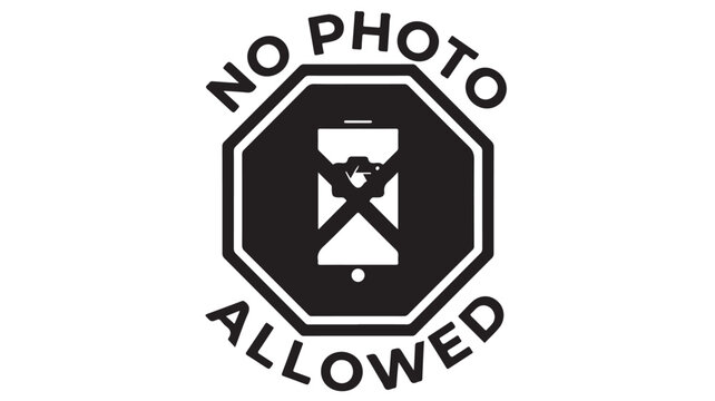 No photo allowed sign vector, black and white octagonal warning symbol, restricted photography area icon with smartphone and camera graphic