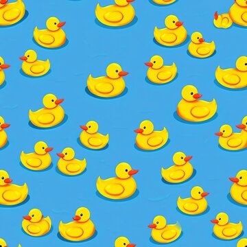 Seamless rubber ducky pattern with yellow ducklings, bird, farm
