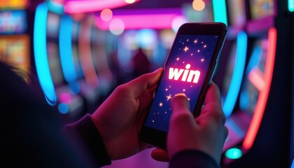Fototapeta na wymiar Person holds smartphone showing win message. Neon lights from casino slot machines glow behind. Gambling online, game success, betting win, digital prize, entertainment app.