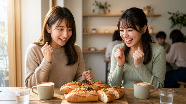 A cute young Japanese woman is genuinely excited by the delicious-looking mentaiko-filled French bread placed on the table. Mentaiko French Bread