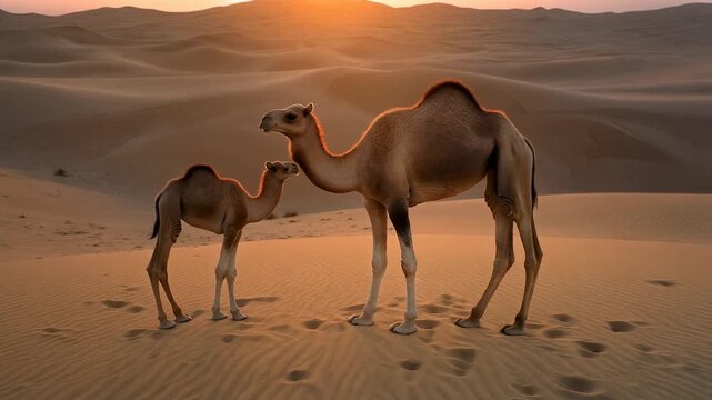 Baby Camel Playing with Mother in Desert Sunrise
