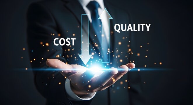 Quality and cost balance business strategy concept with hand holding arrows