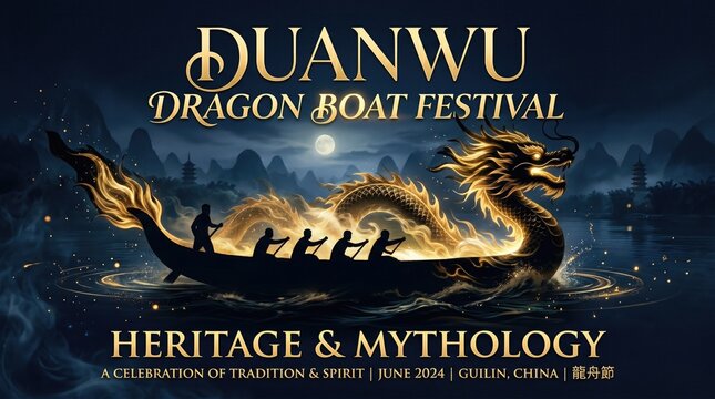 Duanwu Dragon Boat Festival poster, golden dragon boat with rowers on water at night, traditional heritage and mythology celebration banner