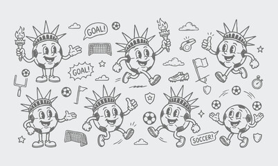 Vector rubber hose doodle set of vintage soccer ball character mascots and football equipment © Avartde