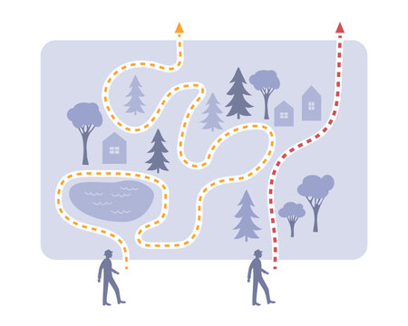 Different paths to the same goal &ndash; efficient and complex route comparison concept illustration.