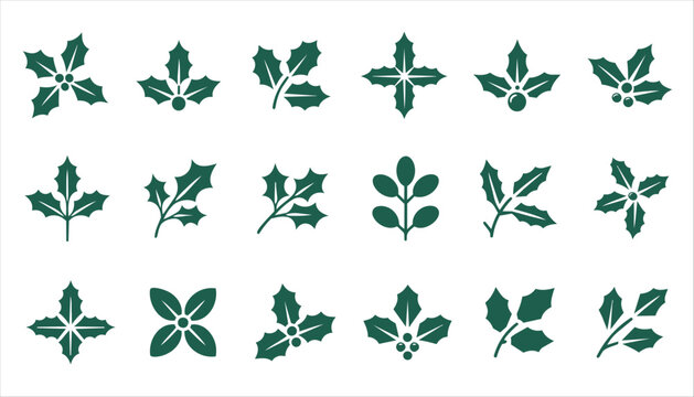 Green graphic leaf design element set with holly berry botanical vector collection