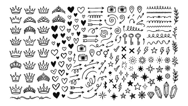 Collection of hand drawn doodle icons including crowns, hearts, arrows, stars, cameras, keys, flowers, and decorative dividers isolated on white background.