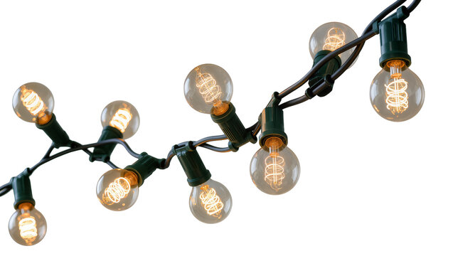 String of Edison bulbs with visible filaments and green sockets