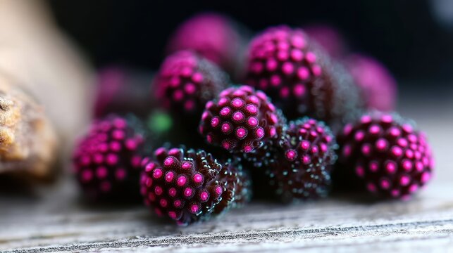 A cluster of small, round, pink objects with a green stem.