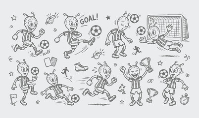 Vector rubber hose doodle set of vintage soccer ball character mascots and football equipment © Avartde