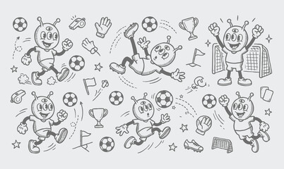 Vector rubber hose doodle set of vintage soccer ball character mascots and football equipment © Avartde