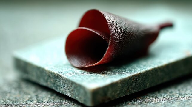 A close-up of a dark red, textured object with a curved shape, resting on a light green stone.