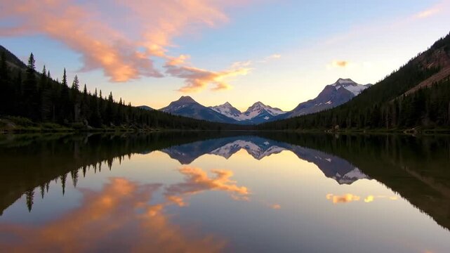 Serene mountain lake at sunset.