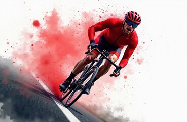 Fototapeta premium Man races on road bicycle wearing red cycling suit and helmet. Cyclist rides fast on asphalt road with blurred motion and red abstract background. Athlete trains for competition.