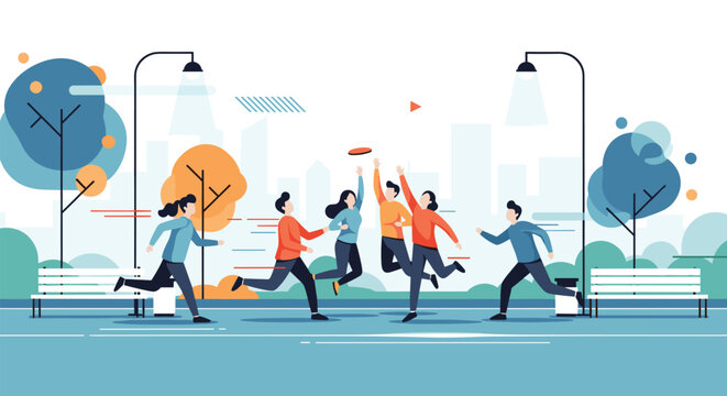 Energetic illustration of a group of diverse young people playing frisbee in a modern city park with skyline background.