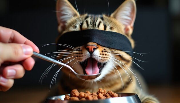 Cat with blindfold eats dry food from spoon, held by hand. Feline gets treat from bowl during mealtime. Animal enjoys food with open mouth and tongue.
