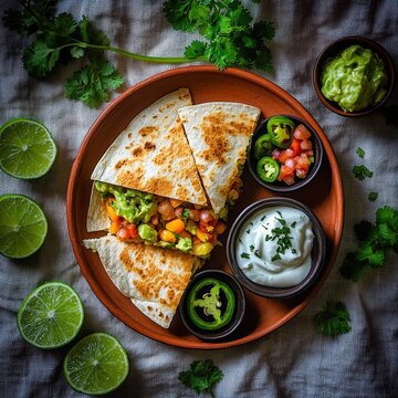 Vegetable quesadillas with colorful peppers and corn on terracotta plate with guacamole, sour cream and pico de gallo garnished with fresh cilantro