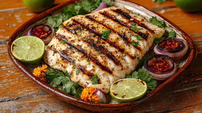 Fish zarandeado perfectly grilled with charred marks served on handcrafted ceramic platter with lime wedges, fresh cilantro, red onion rings and marigold flowers