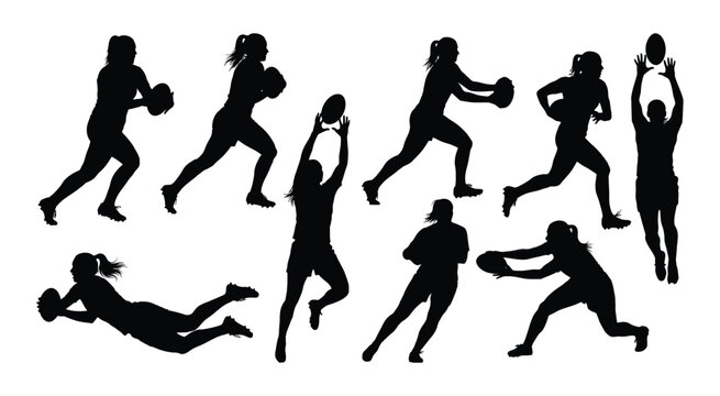 Rugby players silhouette collection against a white background dynamic athletic poses