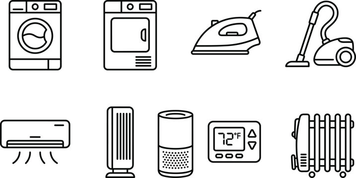 Household electronic appliances and smart home devices line icon vector illustration set featuring washing machine clothes dryer iron air conditioner vacuum cleaner and thermostat.