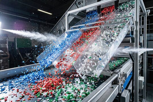 High speed photography of an optical sorting machine blowing recycled plastic