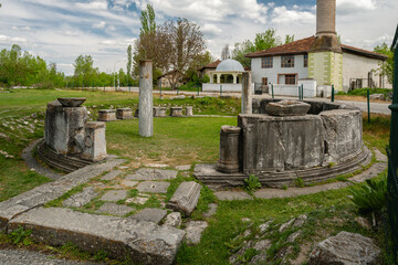 Fototapeta premium Remains of the First Stock Exchange Building at the Aizonai Ancient City archaeological site in Kutahya, Turkiye
