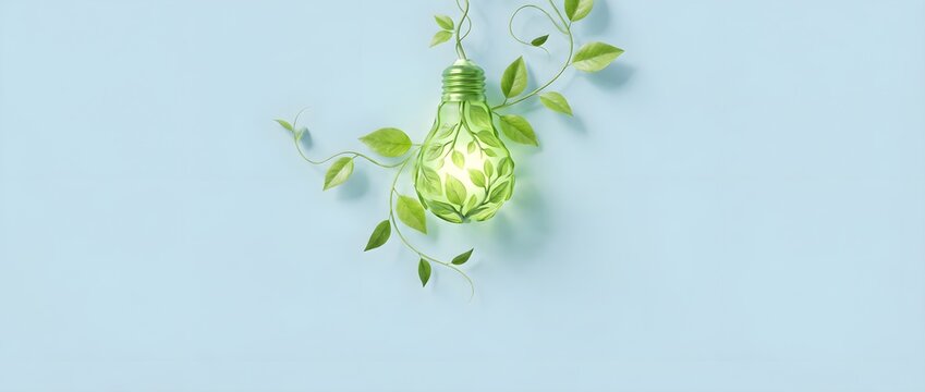 Green Leaf Light Bulb on Blue Background Eco Friendly Energy