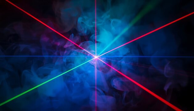 Abstract background with bright laser beams of red, green and blue colors cutting through thick dark smoke in a futuristic light show