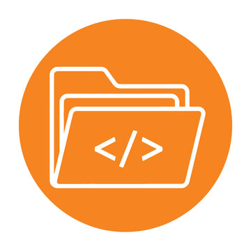 Software development folder icon with code brackets symbol inside orange circle
