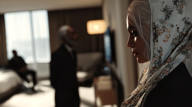 Three people in a hotel room with a woman in the foreground wearing a headscarf